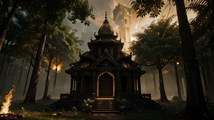 highly detailed old broken temple in the middle of jungle, cinematic lighting, dramatic atmosphere, volumetric trees, photorealistic, ultra-detailed, 8k, intricate architecture, glowing embers, flickering flames, dramatic angles, intense colors, red and or...