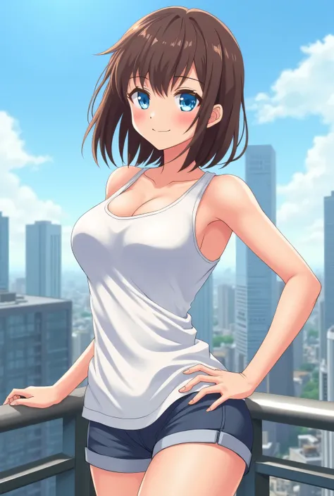 A 21-year-old anime girl is standing on a rooftop, wearing a small white tank top that showcases her 40-inch breast size. Her hair is shiny brown and her eyes are blue. She's wearing a pair of shorts and posing in a very sexy way. The background features a...