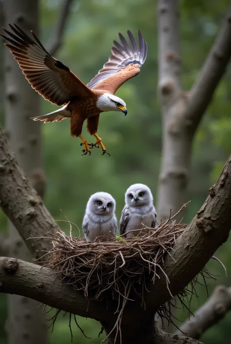 A brown and white bird of prey, likely an eagle, is in mid-flight, positioned slightly to the left of center.  Two smaller, light gray owlets are visible in a nest nestled within a tree branch structure; they are situated in the lower mid-ground of the ima...