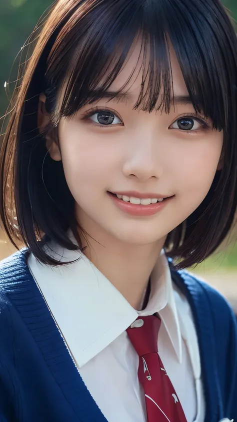 ((masterpiece, Highest quality, High resolution)), Japanese schoolgirl、(realistic: 1.4), Happy smile、Pointed Mouth、Great face,Glossy Lips、, short hair、(Beautiful Hair:1.5), School classroom、Japanese High School Uniform、(Navy blue cardigan)、(White blouse)、(...