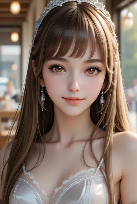 (super cute young face:1.3),
(japanese idol face:1.5),
very beautiful cute girl,
sparkling clear large brown eyes,
exquisite smooth and silky long brown straight hair,
fair skin,
(happy cheerful smile),
professional photogragh, 
(super shiny latex maid cos...