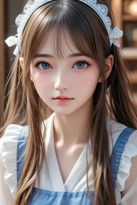 (super cute young face:1.3),
(japanese idol face:1.5),
very beautiful cute girl,
sparkling clear large brown eyes,
exquisite smooth and silky long brown straight hair,
fair skin,
(happy cheerful smile),
professional photogragh,
(super shiny blue and white...