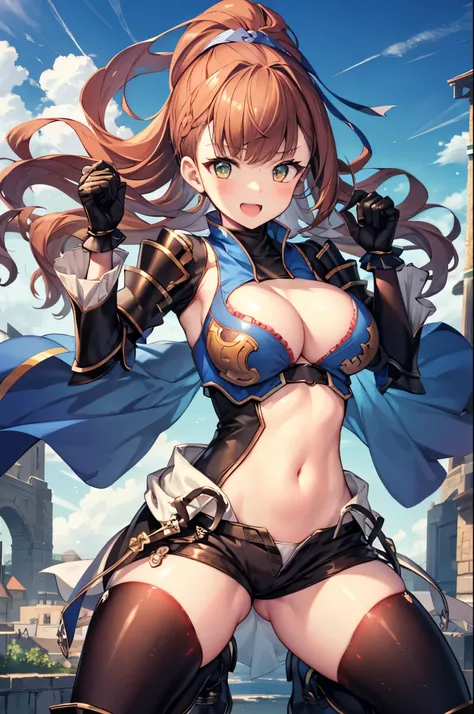 best quality, integrated scenery, integrated background, extremely delicate and beautiful, meticulous details, good composition, , cute face, perfect face, perfect hands,best quality, 1teen_girl,def,beatrix, ponytail, hair ribbon, gauntlets, blue shirt, gl...