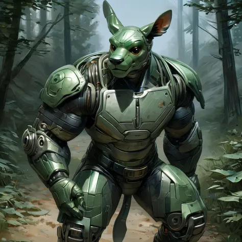 By Taran Fiddler, an alone anthropomorphic mechanical robot kangaroo holding a light butterfly in his hand in a forest (detailed, realistic, top view, aesthetic proportions, aesthetic physique, muscular, green metallic body, kangaroo tail, kangaroo head (k...