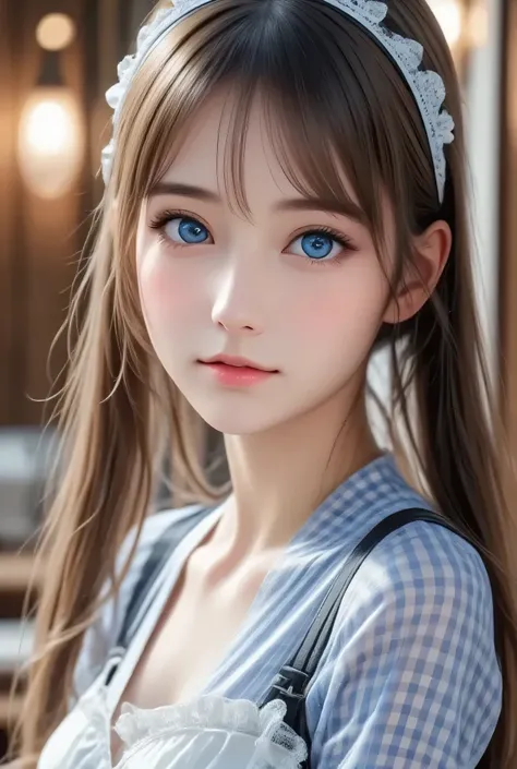 (super cute young face:1.3),
(japanese idol face:1.5),
very beautiful cute girl,
sparkling clear large brown eyes,
exquisite smooth and silky long brown straight hair,
fair skin,
(happy cheerful smile),
professional photogragh,
(super shiny blue gingham m...