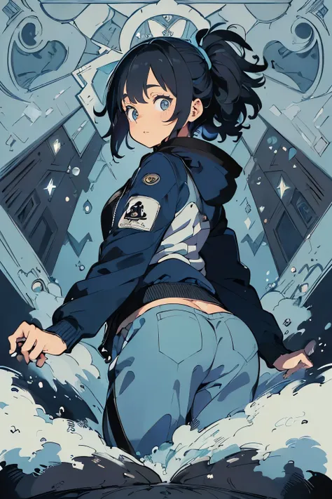 (High resolution,masterpiece:1.2),vivid colors,Beautiful eye details,beautiful detailed lips,long eyelashes,black coat,fluffy fur,cute expression,feline grace, It's cold snow falling outside, (Blue sweatpants:1.3), (The jacket is a blue track jacket:1.3), ...