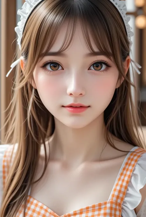 (super cute young face:1),
(japanese idol face:1.5),
very beautiful cute girl,
exquisite smooth and silky long brown straight hair,
fair skin,
(happy cheerful smile),
professional photogragh,
(super shiny orange gingham maid costume:1.5),
beautiful specia...