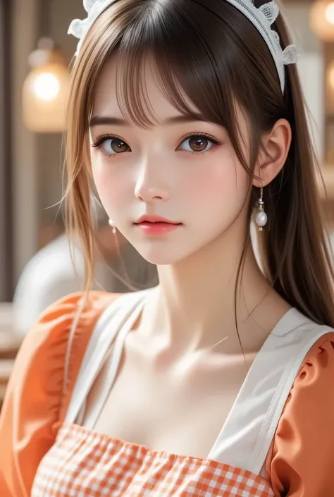 (super cute young face:1),
(japanese idol face:1),
very beautiful cute girl,
exquisite smooth and silky long brown straight hair,
fair skin,
professional photogragh,
(super shiny orange gingham maid costume:1.5),
beautiful special designed costume,
beauti...