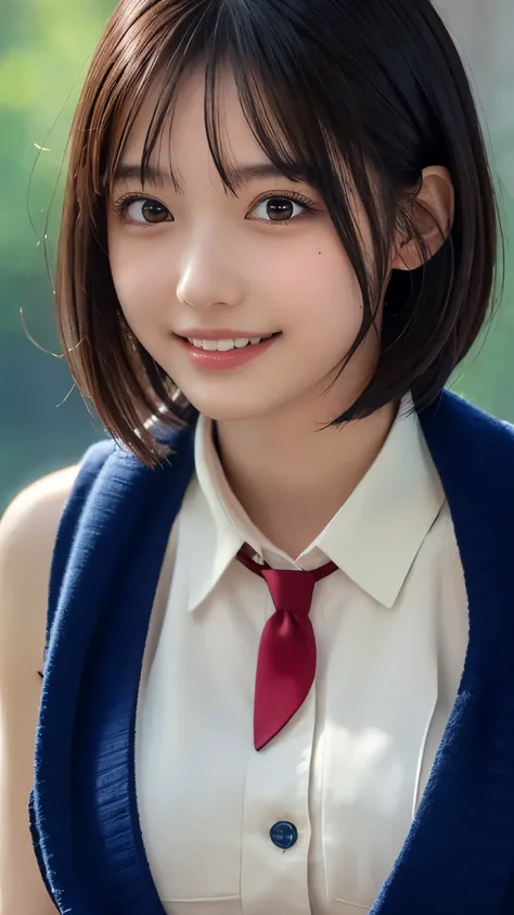 ((masterpiece, Highest quality, High resolution)), Japanese schoolgirl、(realistic: 1.4), Happy smile、Pointed Mouth、Great face,Glossy Lips、, short hair、(Beautiful Hair:1.5), School classroom、Japanese High School Uniform、(Navy blue cardigan)、(White blouse)、(...