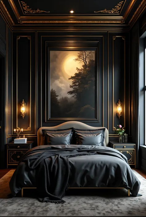 The interior of the room in black and gold style focuses on the large picture above the bed