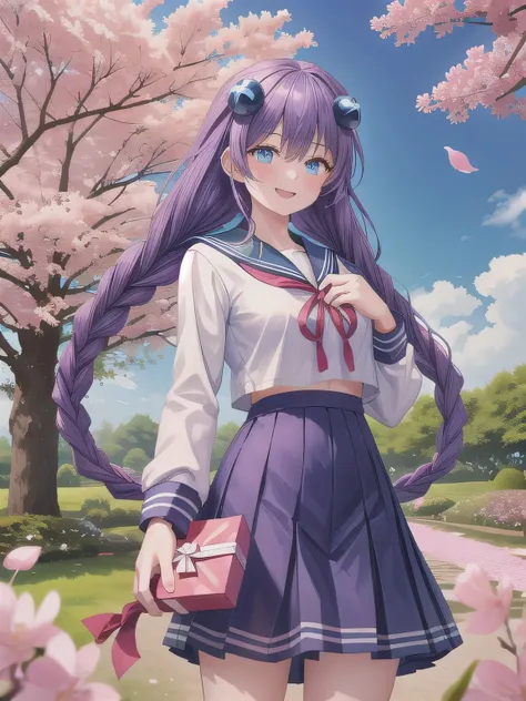 A stunningly beautiful 20-year-old woman stands in a lush green park full of cherry blossoms in full bloom under a clear blue sky. She is wearing a classic sailor uniform and holds a neatly wrapped gift box with a red ribbon in both hands in front of her c...