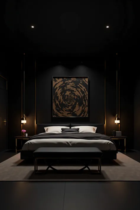 The interior of the room in black and gold modern modern style accent on the large picture above the bed