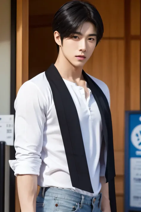 Japanese-looking men 　 Korean male idols　 black hair　I feel like my body is muscular　 are cool　front　 Y shirt