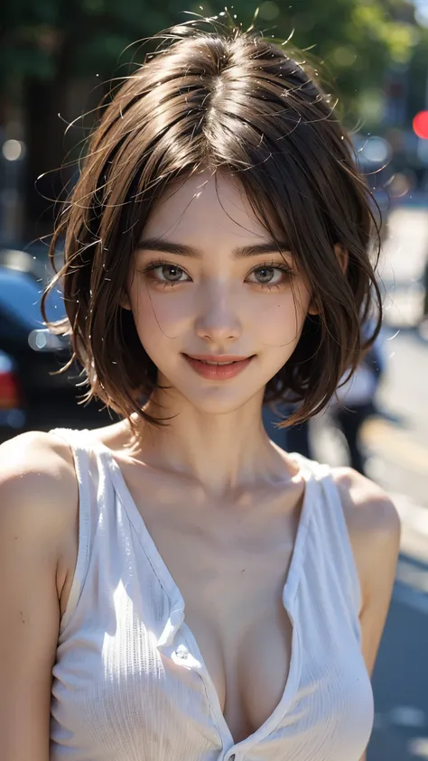 Ultra HD 4K,'s greatest masterpiece, realistic pictures, Dynamic Shadows:1.2 Real Photo ,((Non-AI-like photos:1.4)), street with lots of traffic, is a natural fit,(( short bob hair,Detailed Beautiful Skin ,22 years old,Smile, face focus:1.4)), looks like a...