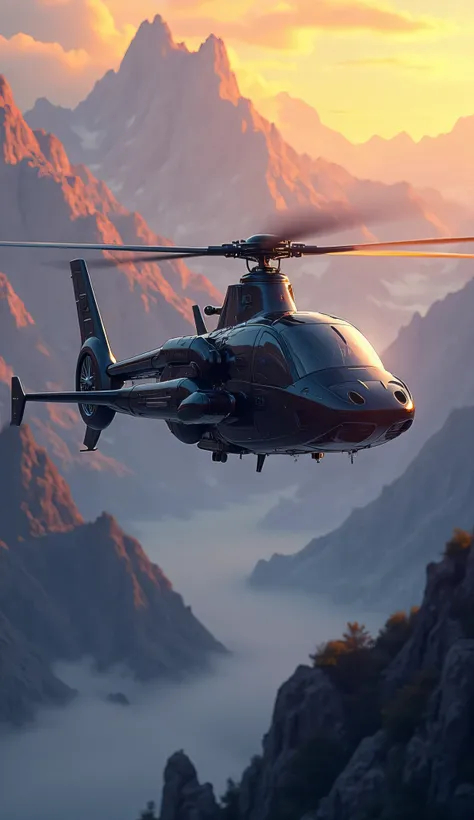 a detailed realistic painting of a helicopter, highly detailed rotor blades, complex mechanical structures, sleek and modern design, flying over a dramatic mountainous landscape, beautiful golden hour lighting, vibrant colors, cinematic composition, photor...