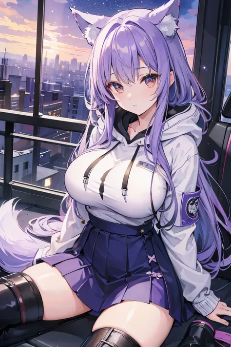   in the seat、 lavender-colored hair 、Wolf ears and tail、 brown eyes、 long hair、 starry sky 、 city nearby、 hoodie、 skirt、 long boots、Big Breasts、（ Masterpiece、Highest quality and best picture quality）