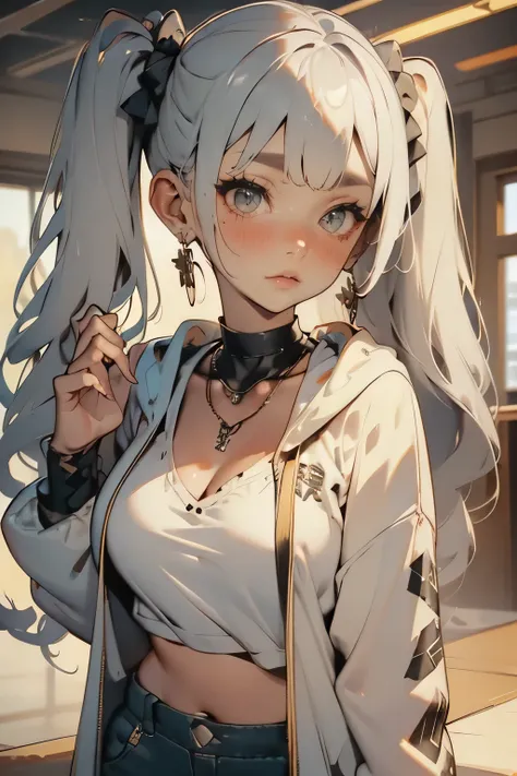 Huge,  twin tails,  Silver Hair,  hoodie,  vintage gothic,  temporarily stop ,  cute,  looks up,  high quality,  necklace, ring,  bracelets with weapons, Earrings