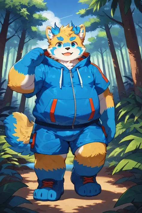 score_9,solo,furry,botailang,overweight , ,male,blue hand,blue foot,tail,overweight, full body,, Exquisite eyes,stand,explorer,adventure,tropical rain forest,yellow fur,Flat coating,penis,big ball