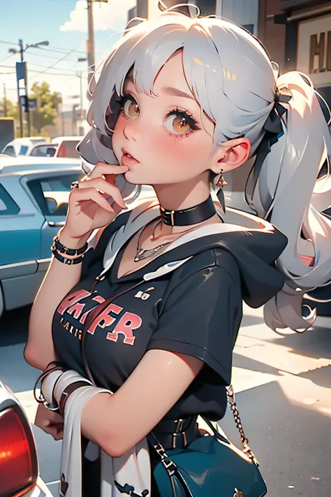 , Huge,  twin tails,  Silver Hair,  hoodie,  vintage gothic,  temporarily stop ,  cute,  looks up,  high quality,  necklace, ring,  bracelets with weapons, Earrings