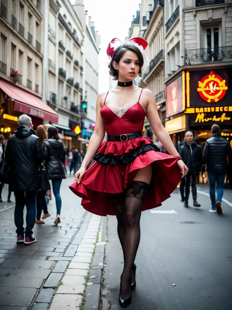 a French Cancan dancer walking near the Moulin Rouge in Paris. She wears a ruffled red and black dress, wearing black stockings, high heels and a feathered headdress, capturing the spirit of the Parisian cabaret. The atmosphere of the street, with its cobb...