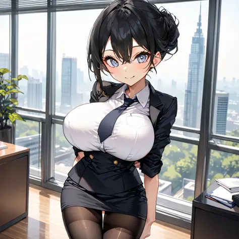 masterpiece, landscape, office, skyscrapers in distance, BREAK, (1 skinny girl standing), arched back, arms behind back, bouncing breasts, smile for viewer, BREAK, business suits, (black blazer:1.3), white blouse under blazer, necktie, (black short pencil ...