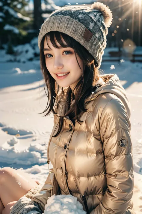 (masterpiece, best quality), 1 cute girl, happily smiling, from side, (warm puffer clothing with knit hat:1.3) (brown beige hair:1.3), fluffy hair, (playing  with snow:1.4), (bathed in soft light:1.3), gentle breeze, dreamy atmosphere, warm glow, cinematic