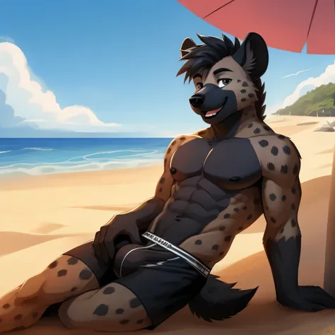 male, hyena, cute, happy, anthropomorphic, grey and black palette, beach background, high quality, full body, slightly muscular, sexy body, male, only wearing boxers, bulge, 