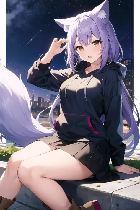  lavender-colored hair 、Wolf ears and tail、 brown eyes、 long hair、 starry sky 、 city nearby、 hoodie、 skirt、 long boots、Big Breasts、（ Masterpiece、Highest quality and best picture quality）