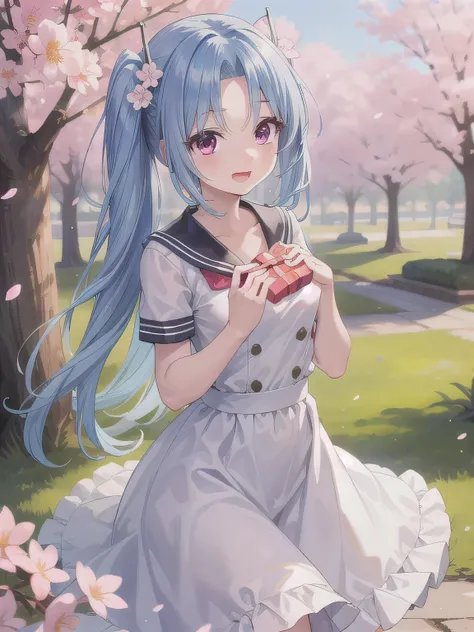 A stunningly beautiful 20-year-old woman stands in a lush green park full of cherry blossoms in full bloom under a clear blue sky. She is wearing a classic sailor uniform and holds a neatly wrapped gift box with a red ribbon in both hands in front of her c...