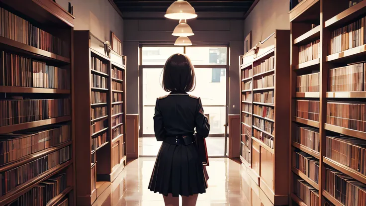 Stylish futuristic bookstore , girl,Drinking coffee、Looking for a book , with records displayed on the wall、 store wearing a uniform、dark haired high school girl in uniform　Walking figure 、I'm looking for books、Back view、 highest quality,  Masterpiece, Det...