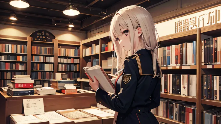 Stylish futuristic bookstore , girl,Drinking coffee、Looking for a book , with records displayed on the wall、 store wearing a uniform、dark haired high school girl in uniform　Walking figure 、I'm looking for books、Back view、 highest quality,  Masterpiece, Det...