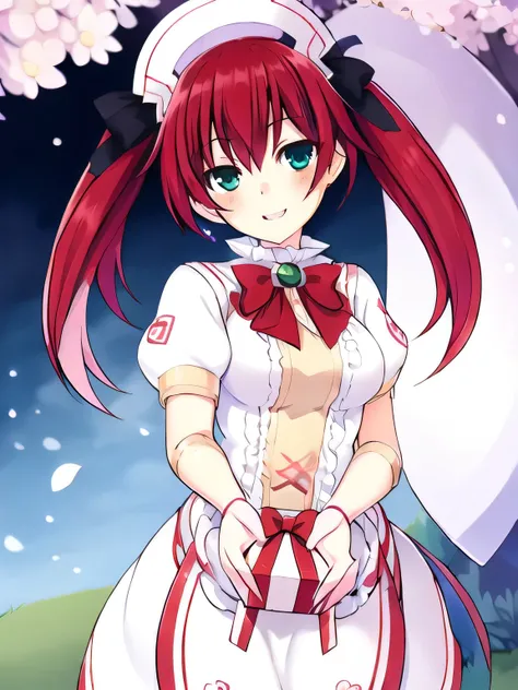 A stunningly beautiful 20-year-old woman stands in a lush green park full of cherry blossoms in full bloom under a clear blue sky. She is wearing a classic sailor uniform and holds a neatly wrapped gift box with a red ribbon in both hands in front of her c...