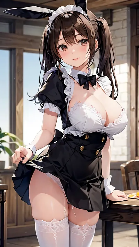    solo girl   , solo boy  ,,  Twin Tails ,  light brown hair ,  brown eyes,   within the range of Rise of the Center ,  top quality,  high definition ,  very detailed,  Detailed Background ,   Perfect Lighting  、Inside the maid cafe、 standing with differe...