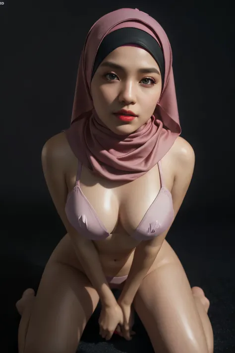 kneeling,from above, open mouth, Indonesian, (((pink hijabi))), cleavage, reflection light, chiaroscuro, depth of field, cinematic lighting, ray tracing, Sony FE GM, UHD, super detail, masterpiece, textured skin, high details, best quality, award winning，3...