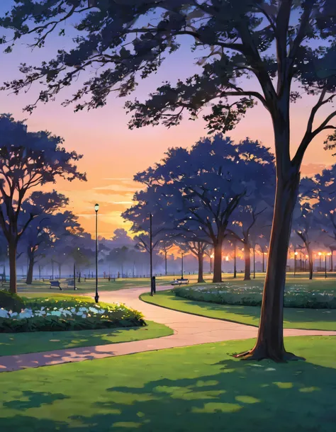 Park landscape at dusk