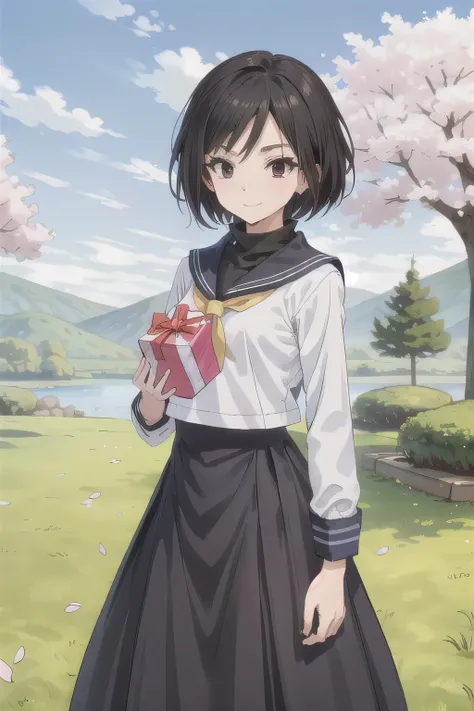 A stunningly beautiful 20-year-old woman stands in a lush green park full of cherry blossoms in full bloom under a clear blue sky. She is wearing a classic sailor uniform and holds a neatly wrapped gift box with a red ribbon in both hands in front of her c...