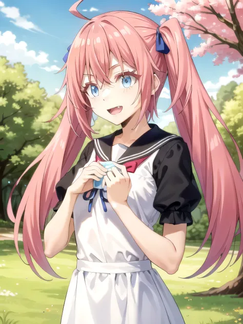 A stunningly beautiful 20-year-old woman stands in a lush green park full of cherry blossoms in full bloom under a clear blue sky. She is wearing a classic sailor uniform and holds a neatly wrapped gift box with a red ribbon in both hands in front of her c...