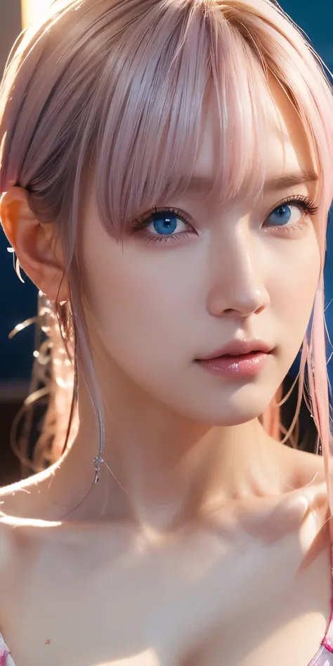 portrait , Practical, blue eyes, pink platinum hair, big breasts, 4K resolution , High Quality CG, Beautiful CG, Soft Light , micro bikini
