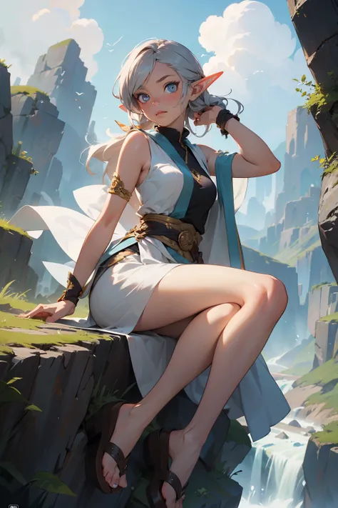 Style: High fantasy art illustration, much like a drawing
Scene: dynamic, a female elf with ashen skin and heterochromatic eyes, one golden, one silver. She wears fluid, sleeveless robes, designed for martial arts, and sandals strapped tightly to her feet....