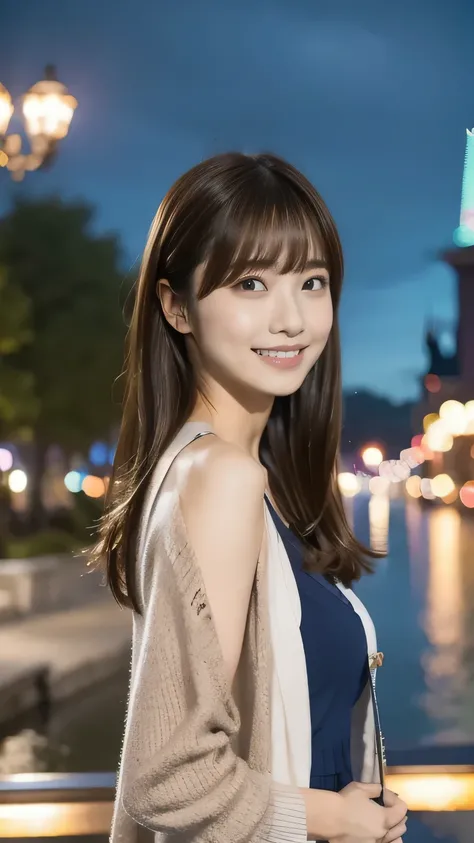 1 girl, solo, dress,cardigan long hair, bangs, ((highlight brown hair)),後ろで髪の毛を束ねる,
chest, smiles, Aperture F2.8, 8k octane , 3D rendering , night view, Disney