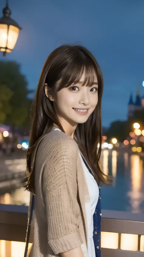1 girl, solo, dress,cardigan long hair, bangs, ((highlight brown hair)),後ろで髪の毛を束ねる,
chest, smiles, Aperture F2.8, 8k octane , 3D rendering , night view, Disney