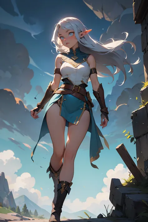 Style: High fantasy art illustration, much like a drawing
Scene: dynamic, a female elf with ashen skin and heterochromatic eyes, one golden, one silver. She wears sleeveless leather armour and tight boots strapped tightly to her feet. Silver, silky hair fr...