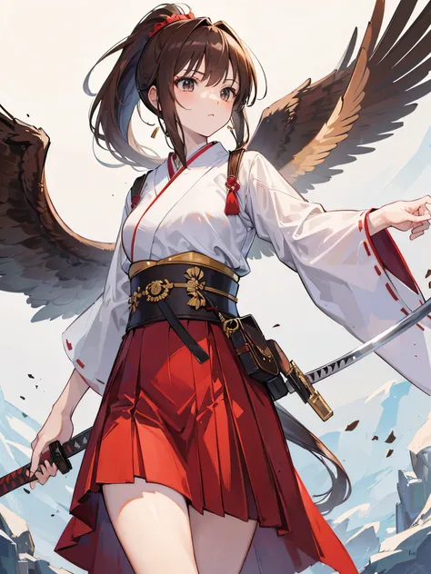 Masterpiece, Best Quality, 1 girl, Brown hair, Ponytail, Hakama, Falcon wings, Sword, Cowboy shot