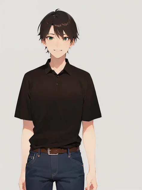 Japanese manga style, shiny skin, masterpiece, best quality, (30-year-old male: 1.5), (short brown hair) and (green eyes),BREAK(black polo shirt)and (jeans)BREAK,(light smile),The background is a residential area,alone,cowboy shot,(alone),