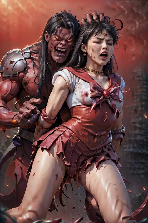 (The 8k quality, Ultra-high-resolution quality, Ultra high definition, Photorealistic, Best Quality):1.5, (​masterpiece):1.4,
(camera angle from the front view):7.0,
(in the ruined school class room):7.5,
(no NSFW, depiction of brutal violence battle, bloo...