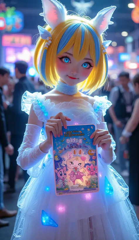 The girl is holding a poster that says Anime Con. The girl has yellow blue hair, a transparent crystal dress and glowing eyes