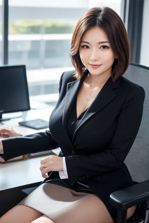 1 elegant beautiful japanese woman,40 years old,big breasts,smiling,model figure,short brown hair,stunning beauty,wearing black business suit,transparent blouse,mini skirt,revealing underwear,sitting on office chair,looking at camera,best quality,4k,8k,hig...