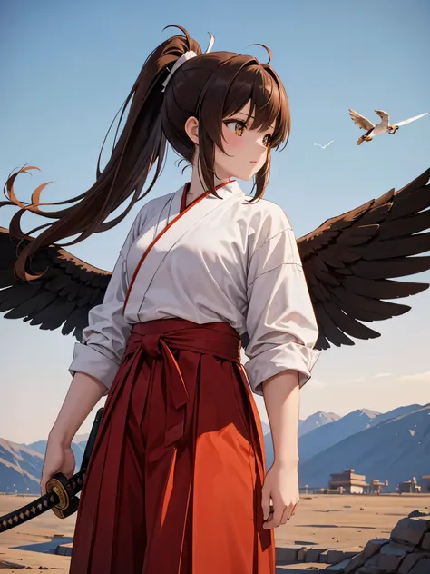 Masterpiece, Best Quality, 1 girl, Brown hair, Ponytail, Hakama, (Falcon wings), katana, Cowboy shot