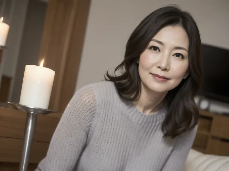 Japanese mature woman, 62 years old, gentle expression, oval-shaped face, warm brown eyes, medium-length wavy black hair with some gray strands, light natural makeup, wearing a soft knitted sweater in a deep red color, healthy medium build, smooth skin wit...