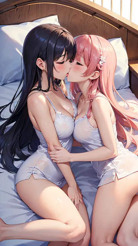 ((Highest quality、High resolution))、(((Two Girls))), Portraiture、beautiful girl、Perfect body、Beautiful and bountiful breasts、Health Room、Sleep in bed、female teacher、high school girl、Completely naked、Embarrassing、(((抱き合ってkissしてる、kiss、lily、I&#39;Seduce you))...